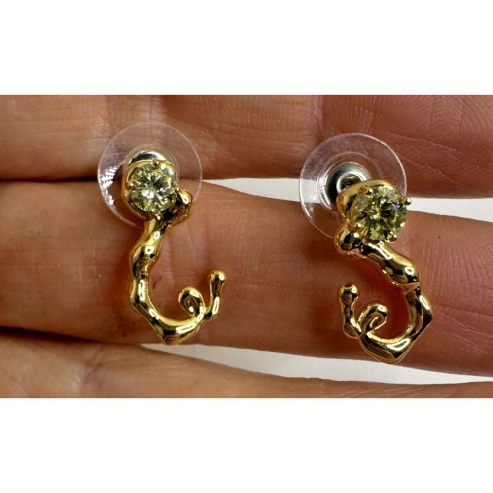 En Route Earrings Abstract Gold Tone Light Green Crystal Faceted  Post Brutalist